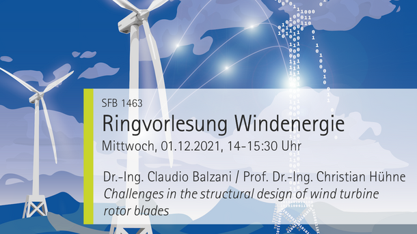 SFB1463, Ankündigung der Ringvorlesung Windenergie am Mittwoch 01.12.2021 14-15:30 Uhr, Vortragende sind Claudio Balzani und Christian Hühne, Thema des Vortrags: Challenges in the structural design of wind turbine rotor blades