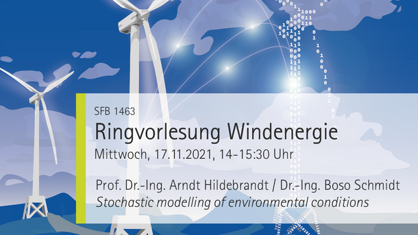 SFB1463, Ankündigung der Ringvorlesung Windenergie am Mittwoch 17.11.2021 14-15:30 Uhr, Vortragende sind Arndt Hildebrandt und Boso Schmidt, Thema des Vortrags: Stochastic modelling of environmental conditions